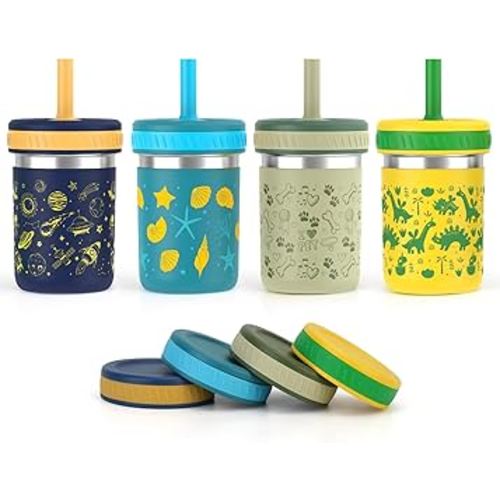 Sursip Stainless Steel Toddler Cups with Straws and Lids, Spill Resistant Sippy Cups Kids Tumbler with Silicone Straw for Smoothie, Drinking, Snacks, BPA-Free, Dishwasher Safe - 10 oz (4 Packs)