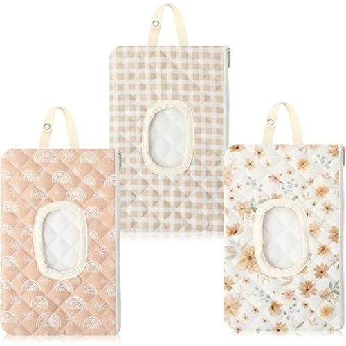3 Pcs Portable Baby Wipes Holder Quilted Diaper and Wipe Pouch Floral Checkered and Sun Refillable Wipe Container for Baby Stroller Casual Travel Outdoor Supplies