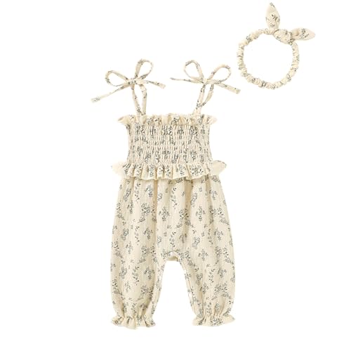 YOUNGER TREE Newborn Baby Girl Clothes Summer Sleeveless Smocked Romper with Headband Toddler Jumpsuit Outfits