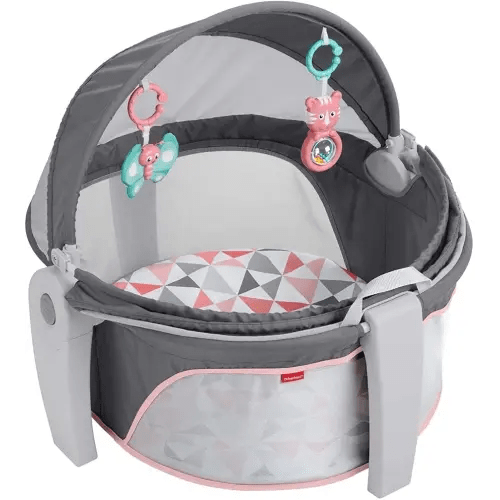 Fisher-Price Portable Bassinet On-The-Go Baby Dome, Travel Play Space with Developmental Newborn Toys & Canopy, Rosy Windmill