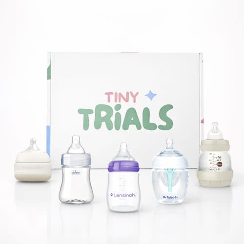 Baby Bottle Trial Pack Variety Box for Newborns & Infants – 5 Bottles Featuring Chicco, Dr. Talbot’s, MAM, Lansinoh & Babaloo – Anti-Colic, Breastfeeding-Friendly Baby Registry Gift, Tiny Trials