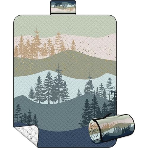 Britown Waterproof Picnic Outdoor Blanket, 79" x 59" Sandproof Foldable Large Picnic Blanket for Beach, Camping, Park, Travel, Concert, Great Gift for Families and Couples (Green Scenery)