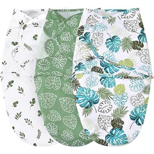 david's kids 100% Cotton 3 Pack Baby Swaddle Wrap for 0-3 Months, Soft Breathable Swaddle Blanket for Newborn Infant, Adjustable Baby Wrap Sleep Sacks for Boys Girls, Newborn Essentials, Leaf