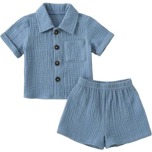 Baby Boys Clothes Set Toddler Infant Boys Button-down Shirt Tops + Cotton Gauze Shorts Summer Outfit 2PCS with Pockets