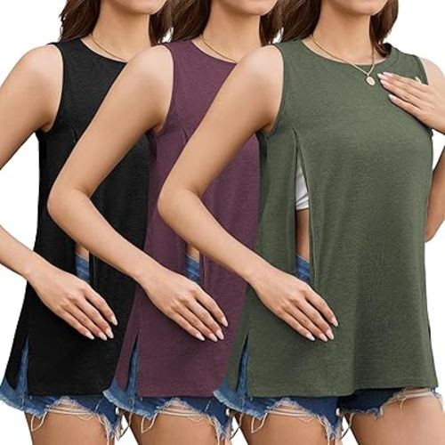 Women's Nursing Tank Tops 3 Pack Sleeveless Breastfeeding Maternity Tops with Hidden Zippers - Black/Heather/Army Green - Large