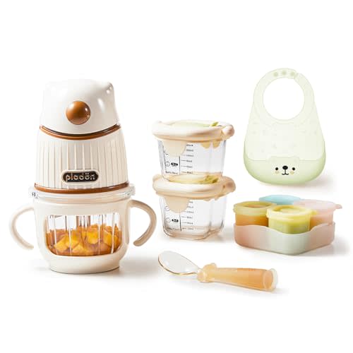 Baby Food Maker Set with 316 Steel Blades & Glass Bowl, White Baby Food Blender with A Feeding Spoon, A Bib, 4 Separate Food Ice Cube Trays and Two 7oz Food Storage