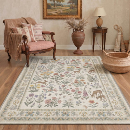 Bungalow Rose Alessio Floral Deer Vintage Machine Washable Beige / Green Indoor Area Rug with Non-Slip Backing | Wayfair