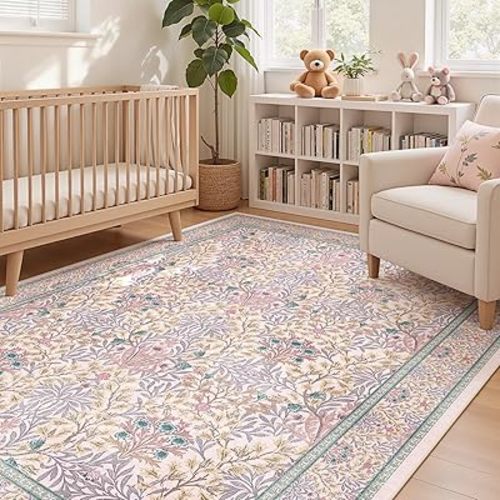 Pink Purple Floral Rugs for Girls, 5x7 Washable Boho Area Rug for Living Room Bedroom, Soft Non-Slip Lavender Nursery Carpet for Kids Room Girls Playroom, Purple Pink