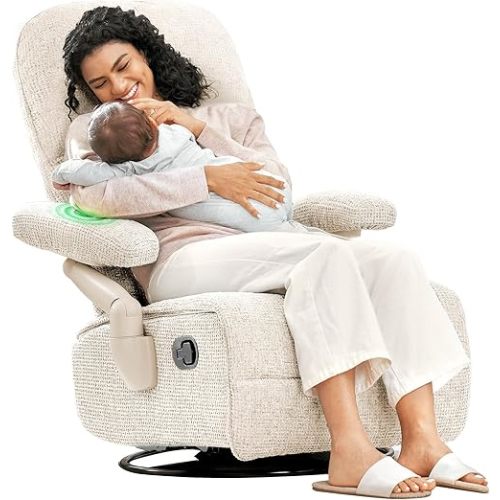 Nursery Swivel Glider Recliner Chair with Adjustable Armrests & Headrest, Slient Rocking Chair Nursery with Removable Cover for Breastfeeding, FSC & Oeko-TEX Certified, Beige