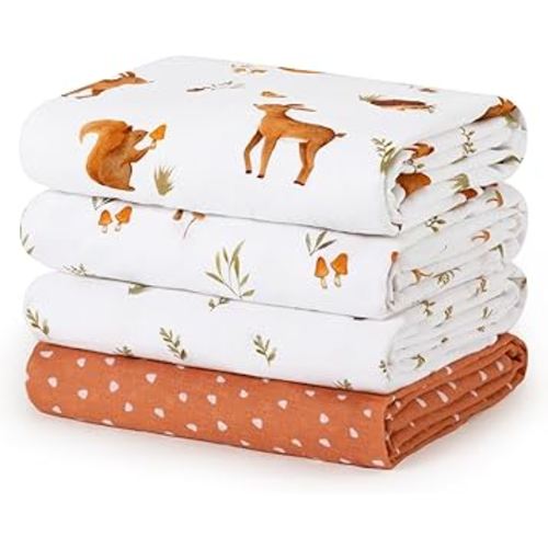 david's kids 4 Pack Baby Muslin Swaddle Blankets, 100% Cotton and Ultra Soft Breathable Receiving Blanket Wrap for Boys Girls, New Born Essentials, Large 47 x 47 inches, Forest Animals
