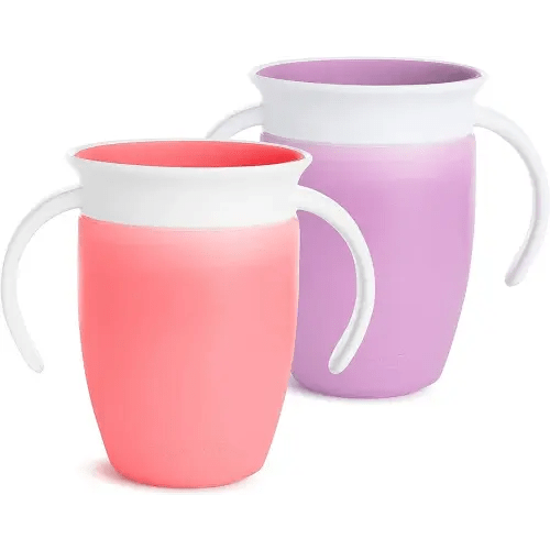 Munchkin Sippy Cup for 6 Month Old and Up, Spill Proof Miracle 360 Toddler Cups with Transition Handles, 7 Ounce, 2 Pack, Pink/Purple