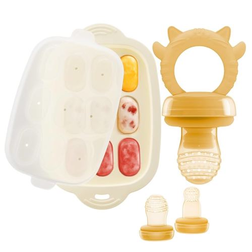 Baby Fruit Feeder with Freezer Tray, Auto-Push Food Feeder Pacifier for 3-12 Months, BPA-Free, Breastmilk Popsicle Mold, Baby Fresh Food Teether Pacifier, 2 Sizes Pounches