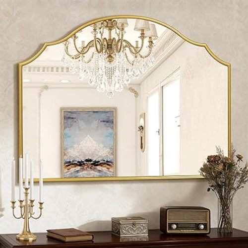 Scalloped Gold Wall Mirror, 36x26 Inch Arched Mirror Decorative, Elegant Mirror Wall Decor for Entryway, Bathroom Vanity, Hallway, Fireplace