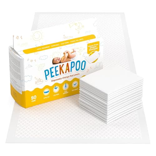 Peekapoo - The Original Disposable Baby Changing Pad Liners 50 Pack | Super Soft, Waterproof, Ultra Absorbent | Portable, Travel-Friendly, Mess-Free Diaper Changes Anywhere | Super Soft, Waterproof, Ultra Absorbent, Fragrance-Free, No Dyes, 24 x 18 In...