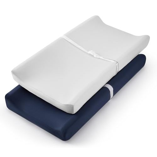 TILLYOU Changing Pad Cover Set in Soft Jersey Material - Fits 32"/34''x16 Contoured Pad for Babies, Navy Blue & Lt Gray