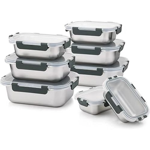 Cuiselect 8 PCS Stainless Steel Lunch Box, 4-Size (58/41 /24 /14Oz) Stackable Metal Bento Boxes BPA Free Dishwasher Safe, Food Storage Containe, Leakproof Reusable Meal Storage for Work,Travel (Gray)