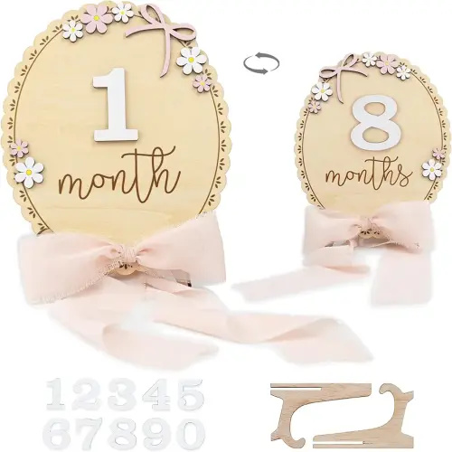 Baby Monthly Milestone Wooden Sign with Numbers and Stand – Natural Wood Milestone Board for Newborn Monthly Growth Photos – Cute 3D Flowers Photo Prop for Baby Milestone Memories (Light Pink Ribbon)