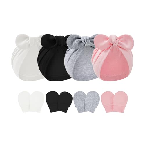 Zando 4PCS Big Bow Baby Hats and Mittens Newborn Hat Essentials Cotton Infant Hospital Hat Baby Turban for Girls Boys 0-2T