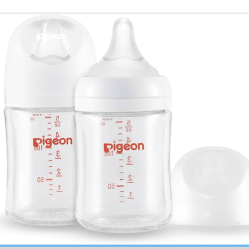 Pigeon Glass Nursing Bottle Wide Neck, Anti-Colic, Streamlined Body, Natural Feel, Easy to Clean, Heat-Resistant, 5.4 Oz (Pack of 2), Includes 2pcs SS Nipples (0m+)