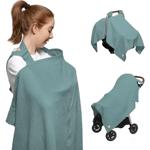 Nilsa 5-in-1 Muslin Nursing Cover up for Breastfeeding & Baby Car Seat Cover - Breathable Breastfeeding Cover With Rigid Hoop - 100% Cotton Privacy Apron Breast Feeding Covers For Women (Mint green)