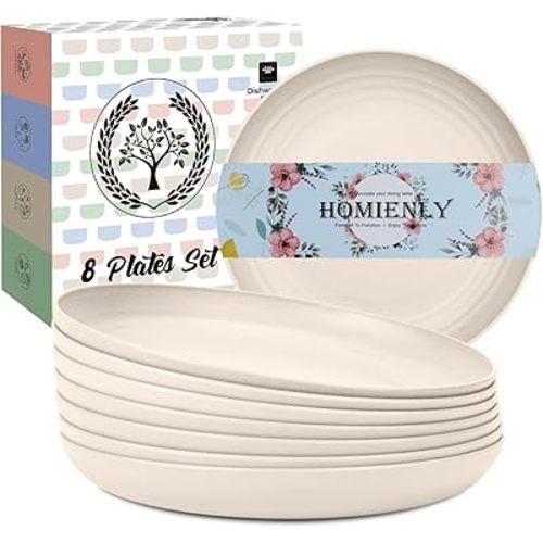 Wheat Straw Dinner Plates Set of 8, Unbreakable, Dishwasher & Microwave Safe, Modern Style, 9 inch, Beige