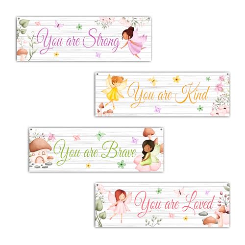 4 Pieces Girls Room Decor, Fairy Bedroom Decor, Pink Flower Little Girl Room Decorations, Inspirational Kids Toddler Nursery Room Playroom Room Wall Art-31