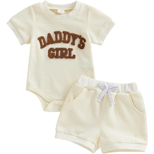 allshope Newborn Baby Girl Summer Outfit Set Romper Daddy Girl Embroidery Jumpsuit Tops Shorts Infant Waffle Clothes
