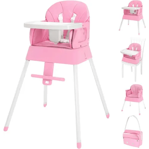 5 in 1 Foldable Baby High Chair,Convertible Highchair for Babies and Toddlers-Portable Infant Booster Seat,Carry Small Box,Dining Chair,Toddler High Chair with 5-Point Harness,Removable Tray-Pink