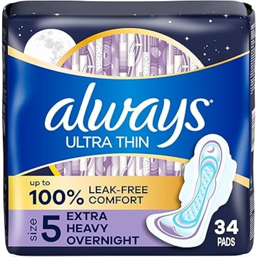 Always Ultra Thin Feminine Pads with Wings for Women, Size 5, Extra Heavy Overnight Absorbency, Unscented, Up to 100% Leak-Free Comfort, 34 Count