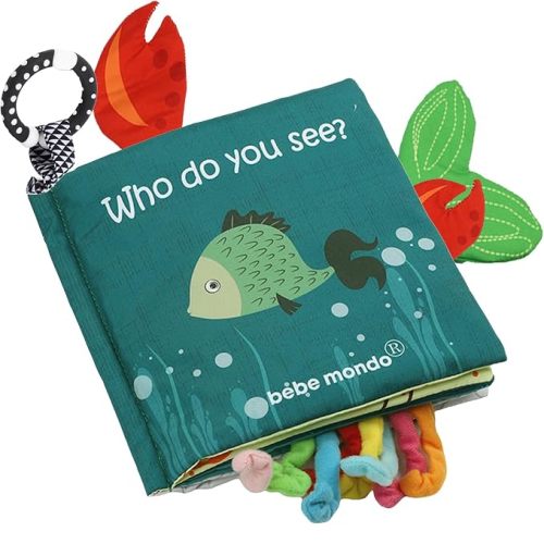 Fish Baby Book, Crinkle Books for Babies, Touch & Feel Soft Books, Infant Baby Toys 0-3 0-6 6-12 Months, Sensory Mirror Toy,Teether Ring, Baby Shower, Baby Basket Stuffers,Gifts for Boys Girls -Green