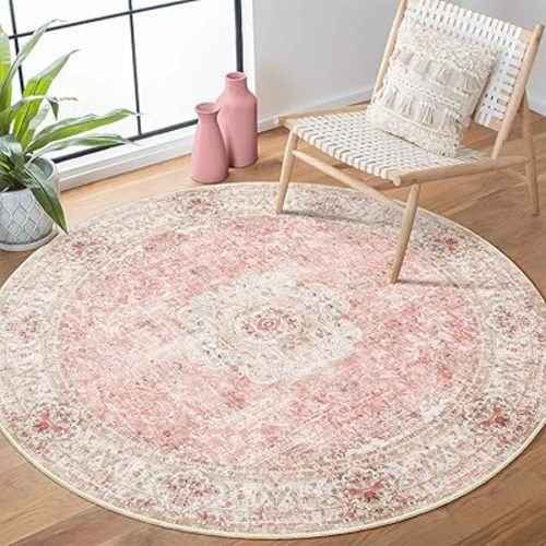Pink Round Rug 4ft, Circle Washable Area Rugs for Bedroom Bathroom Entryway, Boho Vintage Bohemian Distressed Oriental Floral Carpet Non Slip,Blush