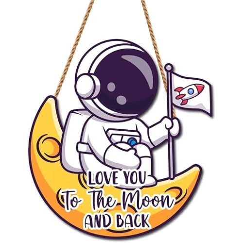 Space Themed Wooden Hanging Wall Sign,Love You to The Moon and Back Astronaut Hanging Wall Sign,Outer Space Themed Wall Art for Boys Bedroom Nursery Playroom(Moon)