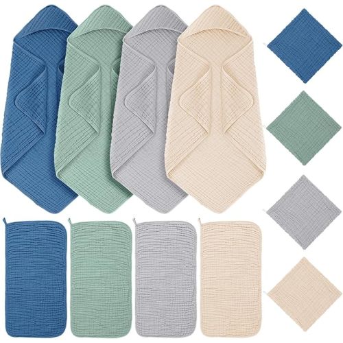 Breling 12 Pcs Muslin Hooded Baby Bath Towel, Hand Towels and Washcloth Set, 36"x 36" Cotton Newborn Bath Towel Cotton Absorbent Blanket Unisex Newborn Gift Essentials for Girl Boy (Blue Series)