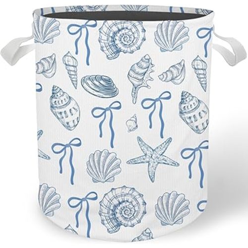 Blue Bow Beach Laundry Basket, Coastal Seashell Conch Starfish Ocean Laundry Basket Hamper Waterproof Collapsible Clothes Toys Storage Bin for Bedroom Bathroom Girls Room, Toybox for Girls