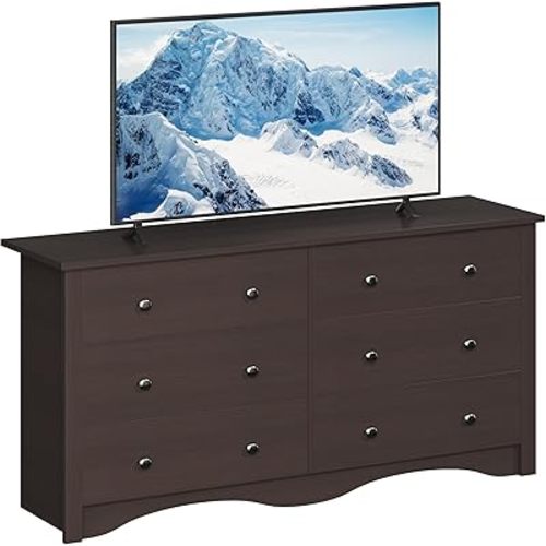 Furmax 6 Wood Drawers Dresser for Bedroom, Double Dresser for TV up to 65 inch, TV Stand Storage Chest of Drawers for Living Room Hallway Entryway (Brown)