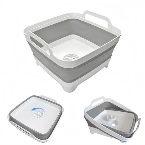 Collapsible Wash Basin for Baby Bottles with Drain Plug, 2.4 Gallons Space-Saving Camping Sink for RV, Collapsible Dish Tub (Gray)