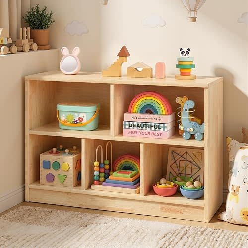 Rubber Wood Montessori Bookshelf, 3-Section Toy Storage Organizer, 2-Shelf Bookcase for Toddlers, Book and Toy Shelf for Playroom, Nursery, Kids Room, Kindergarten