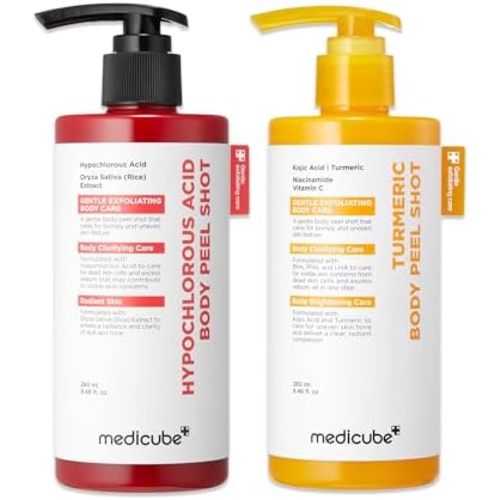 medicube Dual Body Peel Shot Duo: Hypochlorous Acid and Turmeric Body Peel Shot | for Gentle Exfoliation for Dead Skin Cells, Rough Patches, and Visible Concerns | Brightening & Calming | Skincare Set