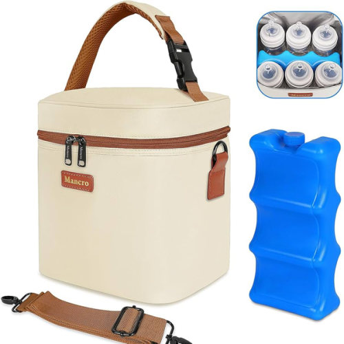 Mancro Breast Milk Cooler Travel Bag with Ice Pack, Breastmilk Cooler Bag | Insulated Baby Bottle Bag Fits 6 Baby Bottles Up to 9 Ounce with Detachable Shoulder Strap for Working Mom or Daycare, Beige