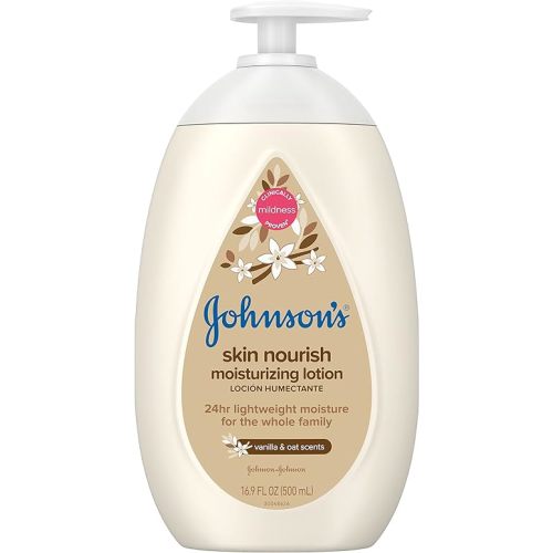 Johnson's Baby Skin Nourish Moisturizing Baby Lotion for Dry Skin with Vanilla & Oat Scents, Gentle & Lightweight Body Lotion for The Whole Family, Hypoallergenic, Dye-Free, 16.9 fl. oz