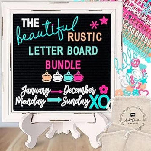 Rustic Felt Letter Board Ultimate Bundle Farmhouse Vintage White Wood Frame and Stand by Felt Creative Home Goods Changeable Message Memo Board 800+ Letter Set (Black, 10x10)