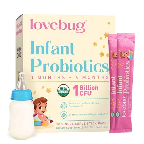 Lovebug Infant Probiotics 0-6 Months - USDA Organic Probiotics for Babies, Supports Baby Gas, Colic, Reflux, Diarrhea and Newborn Constipation Relief, Allergen & Sugar Free, Tasteless Powder, 30 Pack