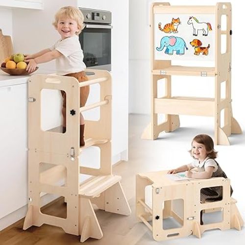 4-in-1 Toddler Kitchen Step Stool, Foldable Learning Standing Tower with Whiteboard, Wooden Kitchen Stool Helper for Kids, 1-3 Year Old Boy Girl Gifts