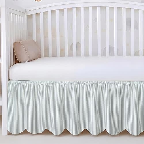 Mindsoft Green Scallop Edge Cotton Crib Skirt Ticking Strip Farmhouse Chic Nursery Bed Skirt Gender Neutral for Baby Boys Girls Fits Standard Cribs Toddler Beds, 52" x 28" x 16" Drop