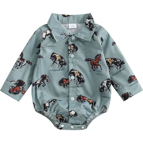 Yuemengxuan Baby Boy Western Cowboy Outfit Long Sleeve Button Down Shirt Romper Infant Bodysuit Fall Gentleman Clothes