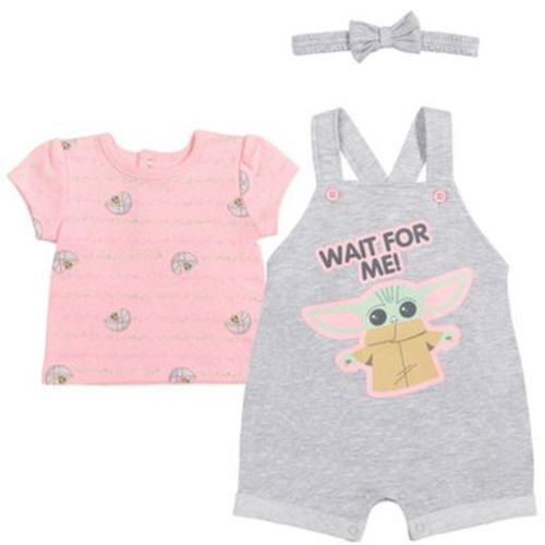 Star Wars The Child Newborn Baby Girls French Terry Snap Short Overalls T-Shirt and Headband 3 Piece Outfit Set Light Gray Newborn