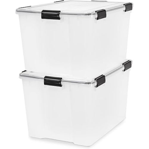 IRIS USA WeatherPro 74 Qt Storage Bins with Lids, 2 Pack, BPA-Free Plastic Gasket Box with Tight Latch and Seal, Stackable Nestable Tote Tub - Clear/Black