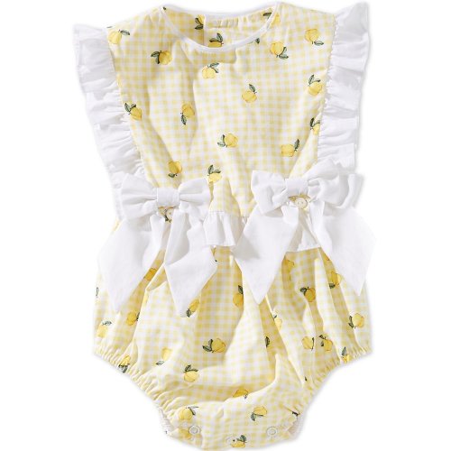 Edgehill Collection Baby Girls Flutter Sleeve Gingham Lemon Bow Romper