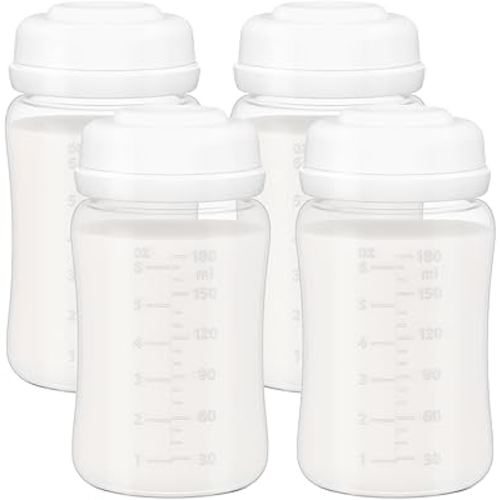 6oz Wide-Mouth Breastmilk Storage Bottles with Two-Pieces Sealing Cap, Leak-Proof Design, No-Fade Reading Marking, Compatible with Spectra S1 S2 9 Plus, Motif Luna, and Most Wide-Mouth Flanges, 4 Pack
