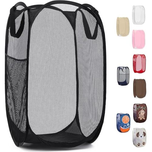 Handy Laundry Collapsible Mesh Pop Up Hamper with Wide Opening and Side Pocket - Breathable, Sturdy, Foldable, and Space-Saving Design for Clothes and Storage (Black)